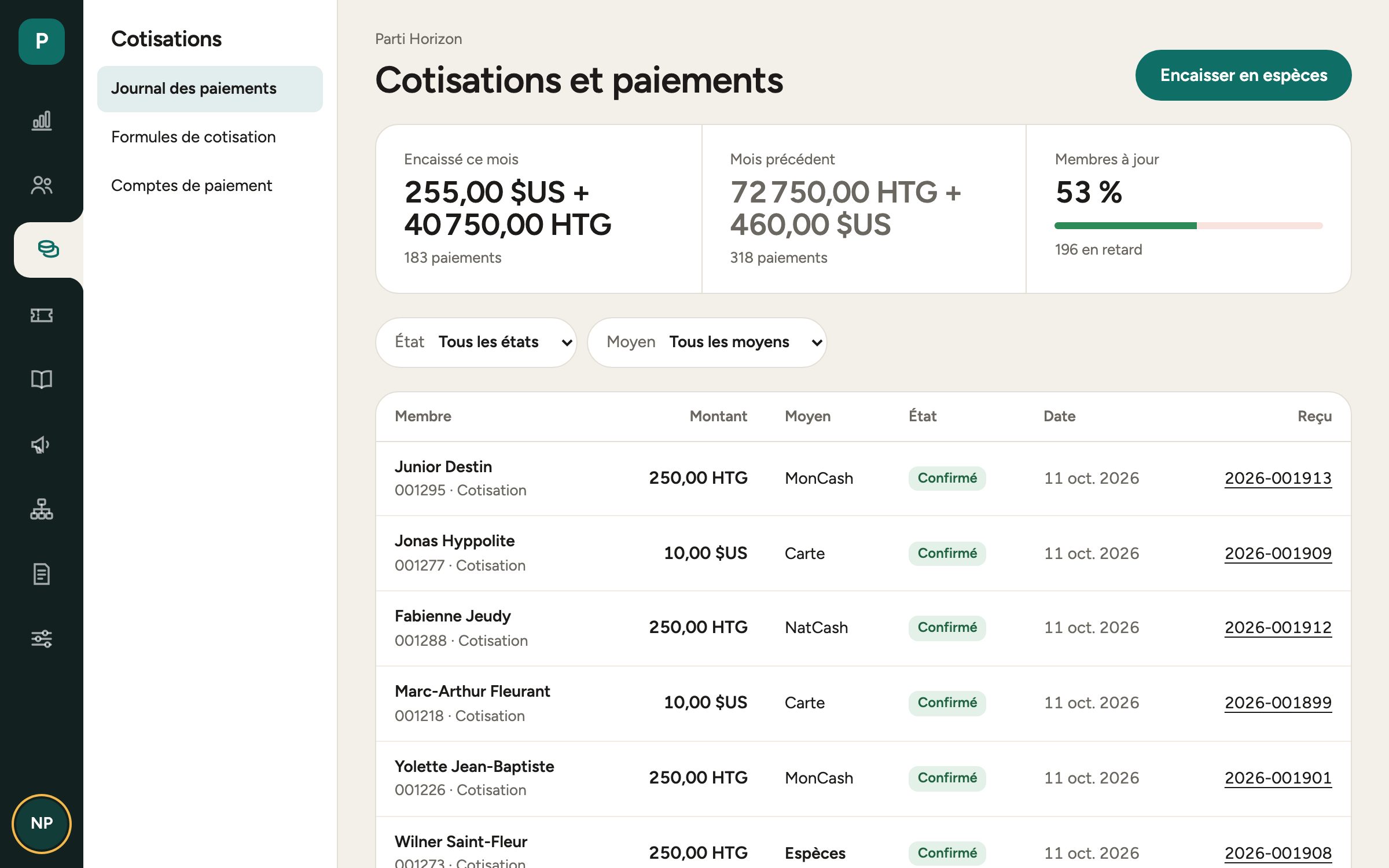 Cotisations : encaissements par moyen de paiement et formules