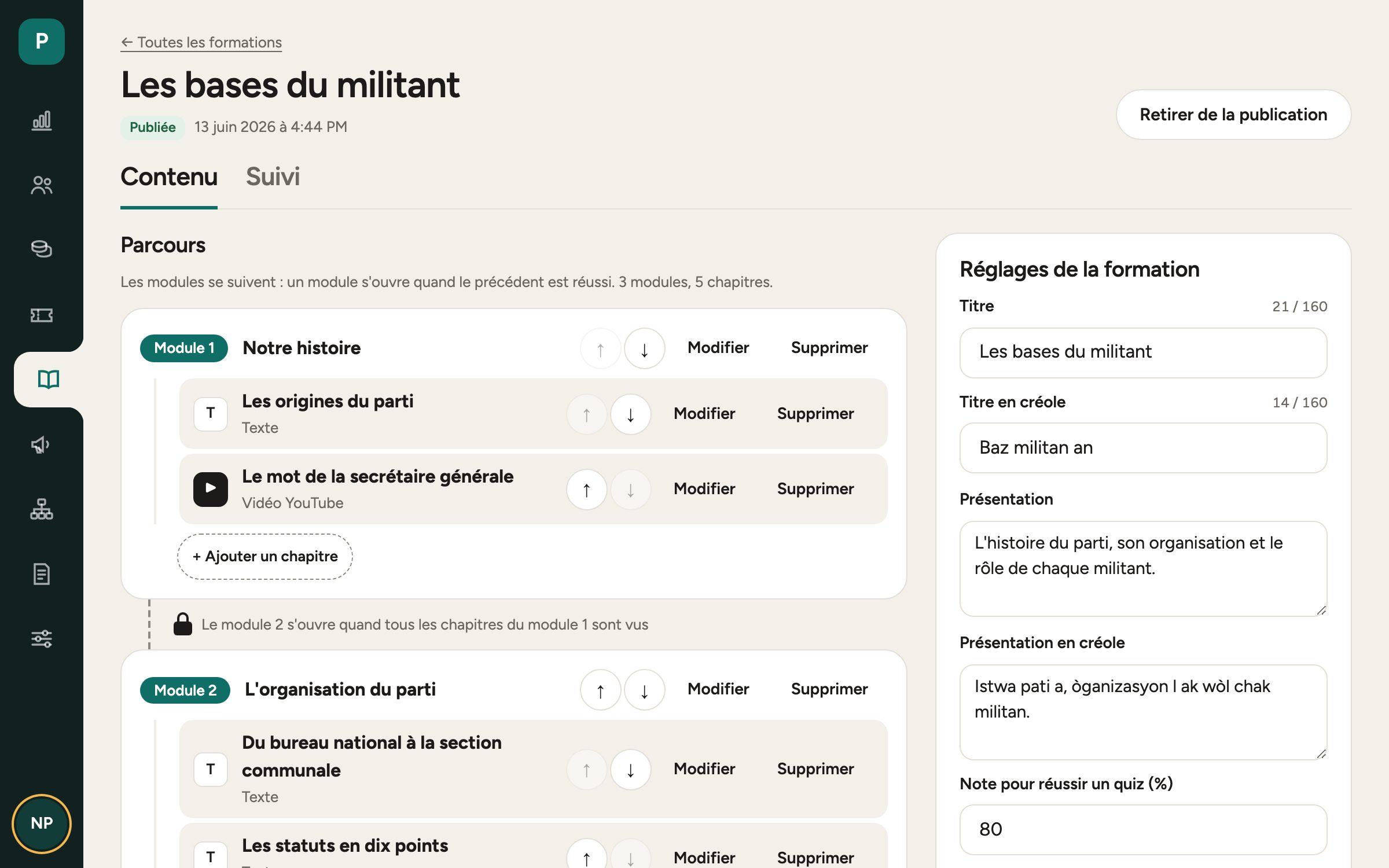 Parcours de formation en modules, avec quiz et aperçu du certificat